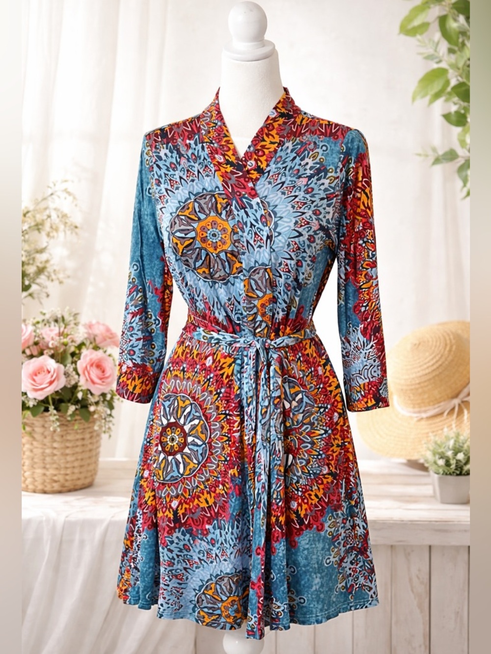 Boho Mandala Print Wrap Dress Size M Colorful 3/4 Sleeve Mini Belted